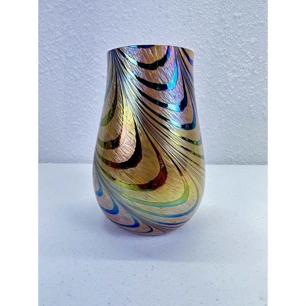 Teleflora Brown Iridescent Peach Opaque Art Glass Vase W/ Swirl Design 7